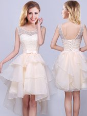 Free and Easy Scoop Sleeveless Lace and Ruffles Lace Up Bridesmaid Gown