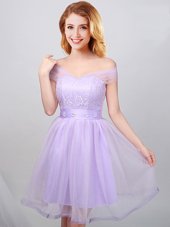 Excellent Off the Shoulder Short Sleeves Lace Up Mini Length Lace and Appliques and Belt Bridesmaids Dress