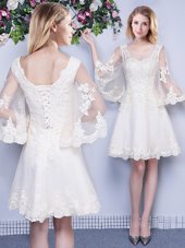 Customized Tulle Scoop 3|4 Length Sleeve Lace Up Lace Damas Dress in White