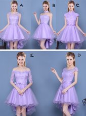 Custom Designed Lavender A-line Taffeta and Tulle Sweetheart Sleeveless Lace and Bowknot High Low Lace Up Vestidos de Damas