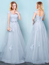Great Scoop Floor Length Empire Cap Sleeves Light Blue Court Dresses for Sweet 16 Lace Up