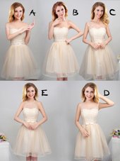 Stylish Off the Shoulder Champagne Sleeveless Mini Length Lace and Appliques and Belt Lace Up Bridesmaids Dress