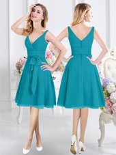 New Arrival Knee Length Teal Dama Dress for Quinceanera Chiffon Sleeveless Ruching and Belt