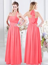 Artistic Floor Length Watermelon Red Quinceanera Court of Honor Dress Halter Top Sleeveless Zipper