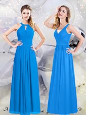 Baby Blue Chiffon Zipper Halter Top Sleeveless Floor Length Bridesmaids Dress Ruching
