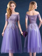 Tea Length Lavender Vestidos de Damas Off The Shoulder Short Sleeves Zipper