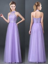 Lavender Empire Halter Top Sleeveless Tulle Floor Length Lace Up Lace and Appliques Bridesmaids Dress