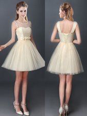 Charming Scoop Champagne A-line Lace and Hand Made Flower Bridesmaids Dress Lace Up Tulle Sleeveless Mini Length