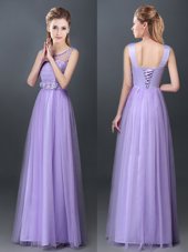 Tulle Scoop Sleeveless Lace Up Lace and Hand Made Flower Damas Dress in Lavender