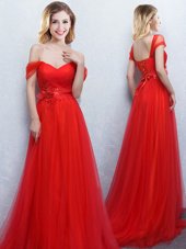 Elegant Red Empire Off The Shoulder Sleeveless Tulle With Brush Train Lace Up Appliques and Ruching Wedding Party Dress