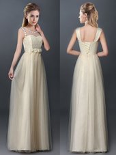 Empire Dama Dress for Quinceanera Champagne Scoop Tulle Sleeveless Floor Length Lace Up
