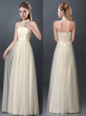 Ideal Halter Top Champagne Sleeveless Floor Length Lace and Appliques Lace Up Vestidos de Damas