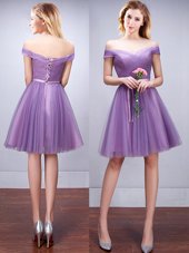 Tulle Off The Shoulder Sleeveless Lace Up Ruching and Belt Quinceanera Dama Dress in Lavender