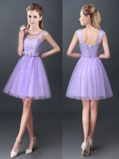 Best Scoop Mini Length Lavender Bridesmaids Dress Tulle Sleeveless Lace