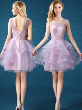 Custom Made Scoop Sleeveless Court Dresses for Sweet 16 Knee Length Lace Lavender Organza and Tulle