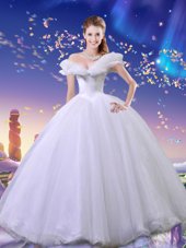 Cinderella Off the Shoulder White Ball Gowns Beading and Bowknot Sweet 16 Dress Lace Up Tulle Sleeveless Floor Length