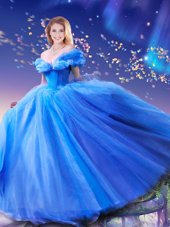 Cinderella Off the Shoulder Beading and Bowknot Sweet 16 Dress Royal Blue Lace Up Sleeveless Floor Length