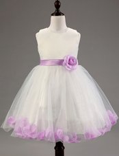 Most Popular White and Lavender Sleeveless Beading and Hand Made Flower Knee Length Flower Girl Dress