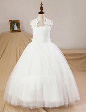 Customized Tulle Sleeveless Floor Length Flower Girl Dress and Lace and Appliques