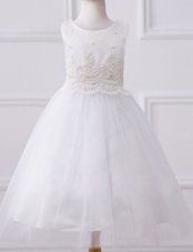 Sweet Scoop Floor Length White Toddler Flower Girl Dress Tulle Sleeveless Beading and Appliques