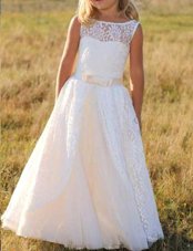 White Lace Zipper Bateau Sleeveless Floor Length Flower Girl Dress Lace