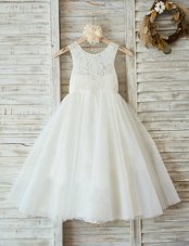 White A-line Tulle Scoop Sleeveless Lace Floor Length Zipper Flower Girl Dress
