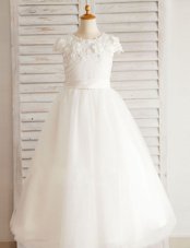 A-line Flower Girl Dresses for Less White Scoop Tulle Short Sleeves Floor Length Zipper