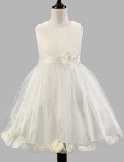 Pretty Scoop Floor Length White Toddler Flower Girl Dress Tulle Sleeveless Appliques and Bowknot and Hand Made Flower