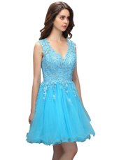 V-neck Sleeveless Backless Womens Party Dresses Baby Blue Organza