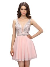 Exceptional Baby Pink Empire Beading Party Dress for Toddlers Zipper Chiffon Sleeveless Mini Length