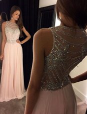 Trendy Champagne Tulle Backless Scoop Sleeveless With Train Prom Party Dress Brush Train Beading
