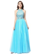 Scoop Aqua Blue Zipper Prom Party Dress Beading Sleeveless Floor Length