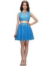 Cheap Baby Blue Empire Beading and Appliques Casual Dresses Zipper Tulle Sleeveless Mini Length
