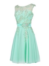 Great Scoop Knee Length Turquoise Cocktail Dresses Chiffon Sleeveless Beading and Appliques
