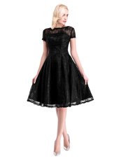 Simple A-line Club Wear Black Bateau Lace Short Sleeves Knee Length Zipper