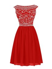 Deluxe Knee Length Red Cocktail Dresses Bateau Cap Sleeves Zipper