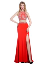 Top Selling Coral Red Sleeveless Chiffon Sweep Train Criss Cross Dress for Prom for Prom and Party