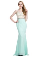 High Quality Brush Train Column/Sheath Prom Dresses Apple Green Spaghetti Straps Chiffon Sleeveless With Train Criss Cross