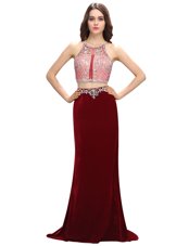 Fancy Burgundy Two Pieces Scoop Sleeveless Elastic Woven Satin With Train Sweep Train Criss Cross Beading and Appliques Prom Party Dress