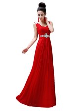Sleeveless Floor Length Beading Zipper Prom Evening Gown with Red