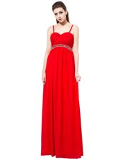 Fitting Sleeveless Chiffon Floor Length Side Zipper Dress for Prom in Red for with Beading