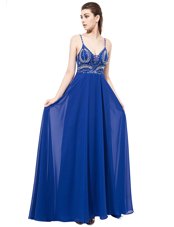 On Sale With Train Royal Blue Prom Dresses Spaghetti Straps Sleeveless Sweep Train Backless