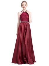 Fancy Halter Top Sleeveless Zipper Floor Length Beading and Lace