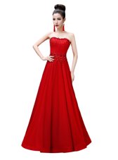 Fine Floor Length Red Homecoming Dress Chiffon Sleeveless Beading