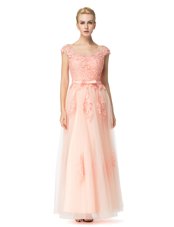 Scoop Cap Sleeves Floor Length Lace Zipper with Peach