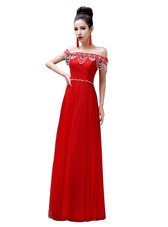 Red Chiffon Lace Up Off The Shoulder Sleeveless Floor Length Prom Dresses Beading