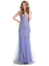 Scoop Lavender Mermaid Beading Homecoming Dress Side Zipper Tulle Cap Sleeves Floor Length