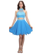 Blue Zipper High-neck Beading Cocktail Dresses Chiffon Sleeveless