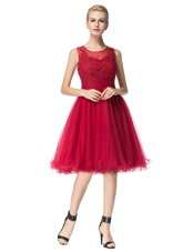 Eye-catching Scoop Sleeveless Knee Length Lace Zipper Club Wear with Red