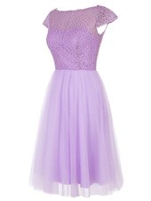 Customized Knee Length Lavender Party Dress Wholesale Bateau Cap Sleeves Zipper